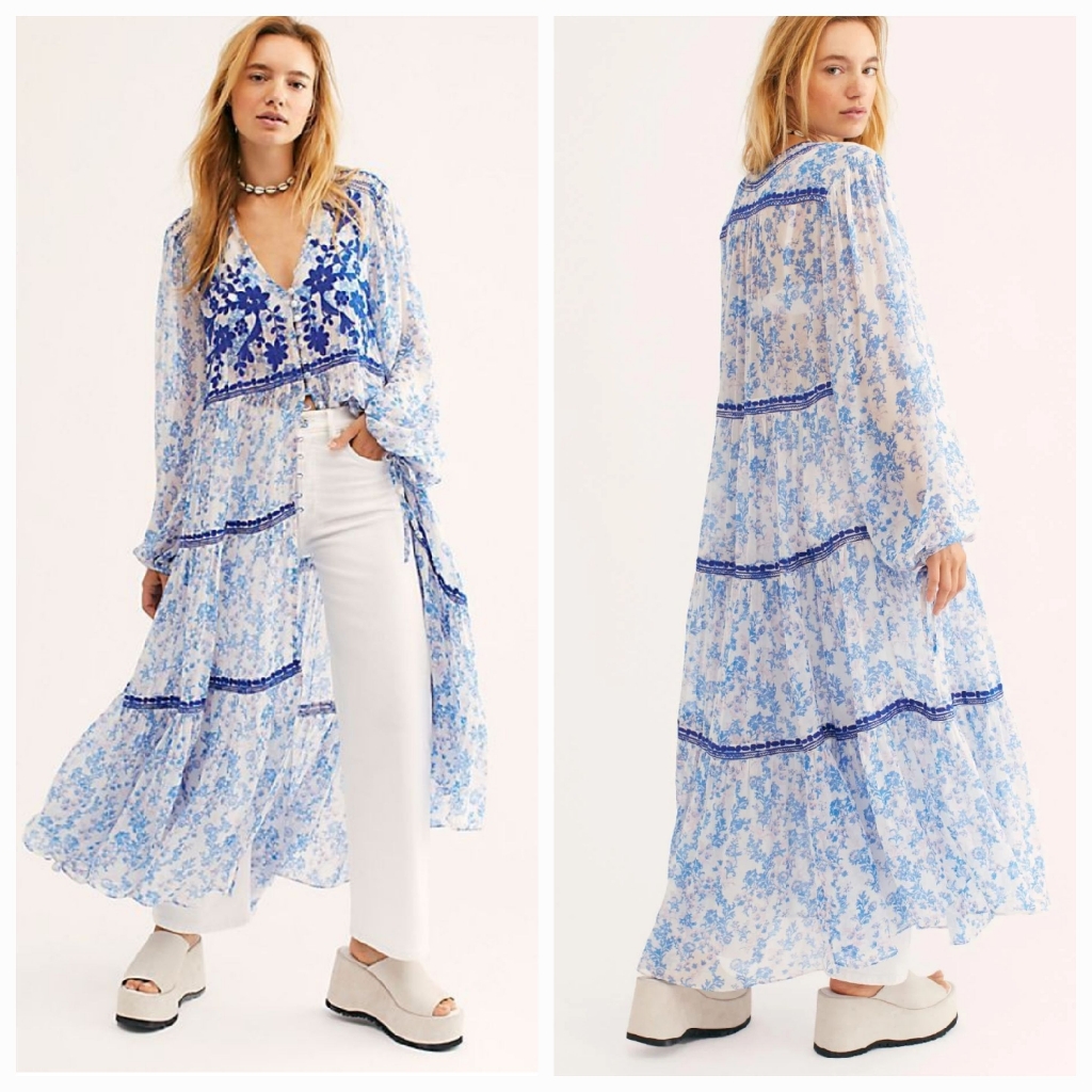 Free People Call On Me Embroidered Maxi Top Duster Gemmas Dress Xs